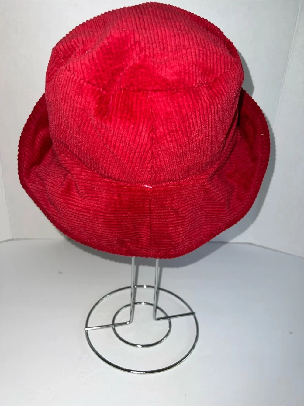 Kids Red Corduroy Bucket Hat with Plaid Lining and Sunflower Accent